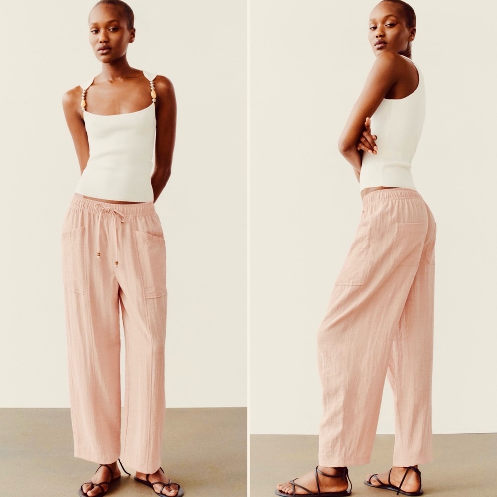Zara Pink Relaxed Cropped Pants Linen Blend Drawstring Waist L